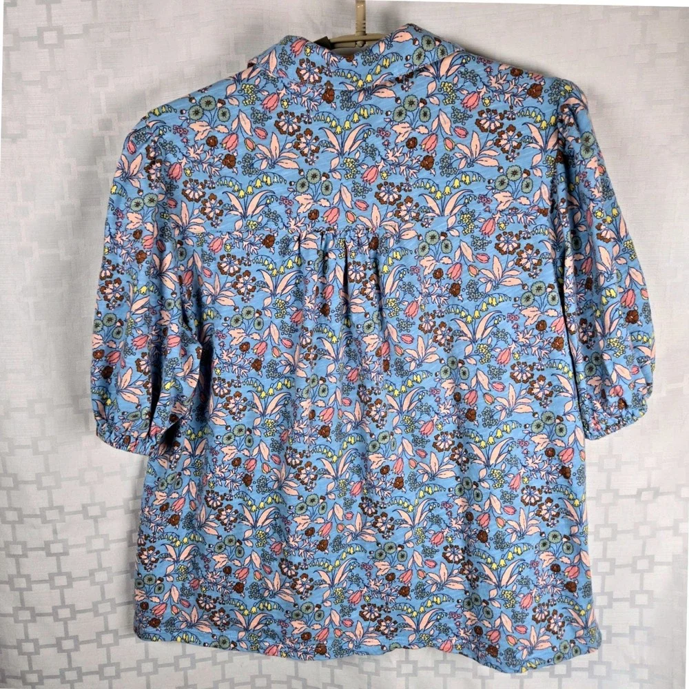 Boden Blue Floral Cotton Slub Jersey Puff Sleeve Button Front Top US 8